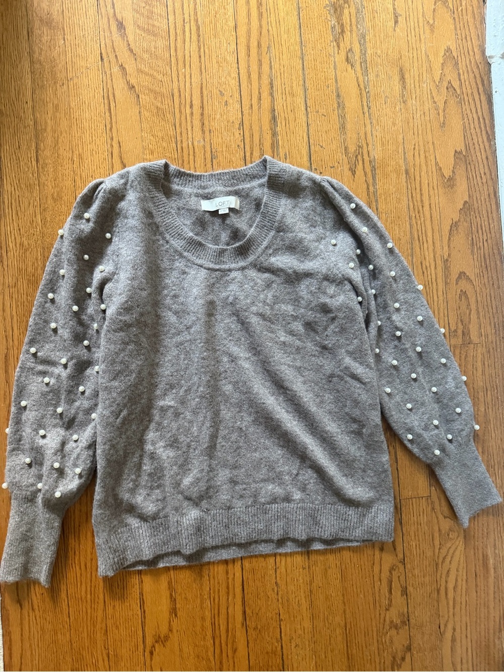 LOFT Gray Pearl-Embellished Crewneck Sweater - Medium